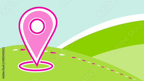 Pink location pin on a green landscape with a dotted path leading towards the horizon in a cartoon style