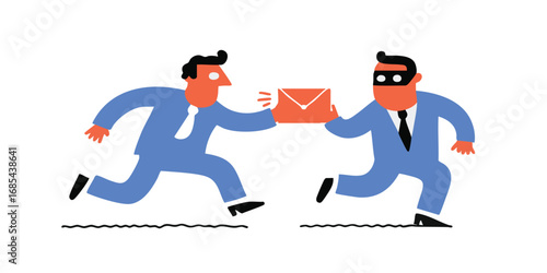 An illustrative depiction of data security vulnerability, where a masked figure snatches sensitive correspondence from an unsuspecting individual.