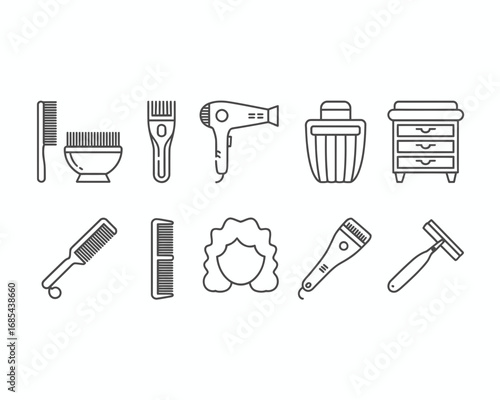 Set of black and white line art icons for hairdressing and grooming tools vector illustration vector