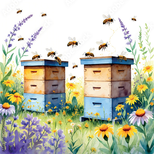 Beehives in Flowering Meadow Watercolor. Apiculture Scene with Yellow and Purple Wildflowers, Organic Honey Farming Illustration