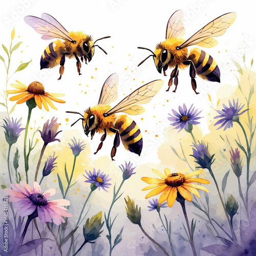 Watercolor bees pollinating wildflowers illustration. Environmental sustainability concept with soft transparent colors isolated on white.