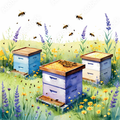 Beehives in Flowering Meadow Watercolor. Apiculture Scene with Yellow and Purple Wildflowers, Organic Honey Farming Illustration