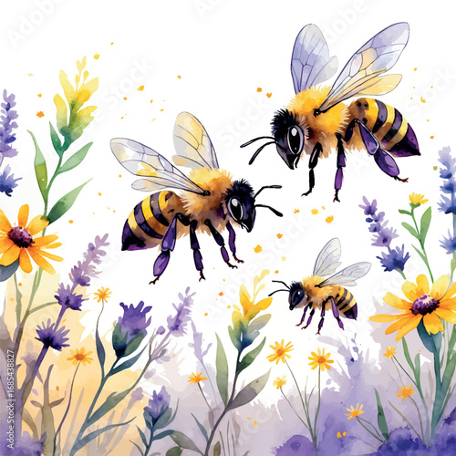 Watercolor bees pollinating wildflowers illustration. Environmental sustainability concept with soft transparent colors isolated on white.