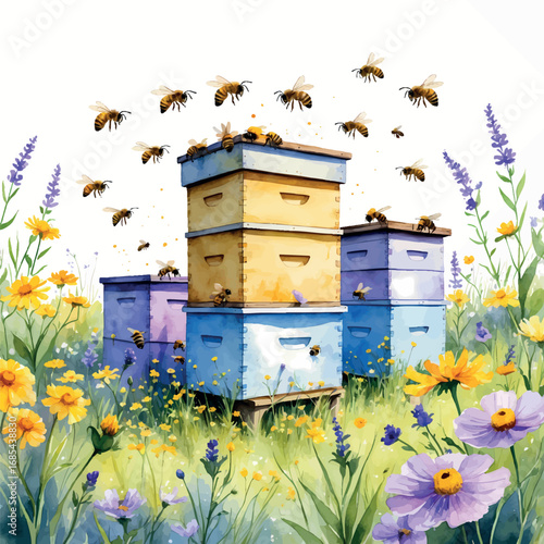 Beehives in Flowering Meadow Watercolor. Apiculture Scene with Yellow and Purple Wildflowers, Organic Honey Farming Illustration