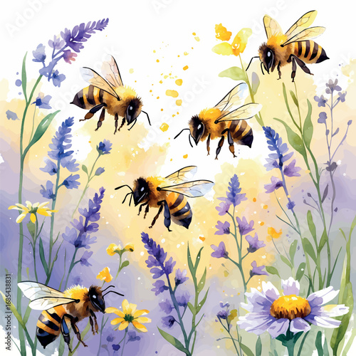 Watercolor bees pollinating wildflowers illustration. Environmental sustainability concept with soft transparent colors isolated on white.