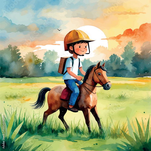 Watercolor boy riding stick horse at sunset, imaginative childhood adventure