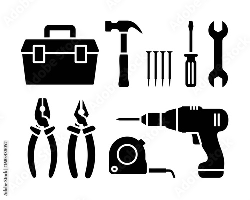 Collection of black silhouette construction and diy tool icons for vector graphics vector