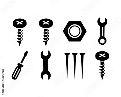 Set of vector icons illustrating hardware tools and fasteners scalable graphic design vector