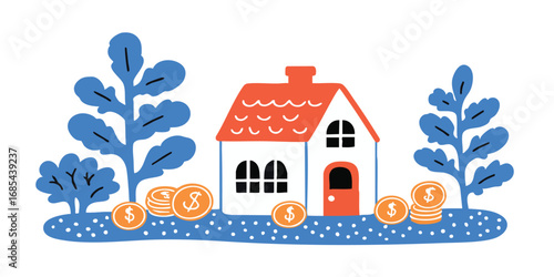 A charming illustration of a house with money, symbolizing investment, the value of property, and financial stability. Ideal for representing concepts of homeownership, real estate.