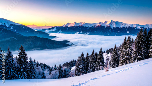 Snow-capped mountains rise above a sea of clouds at sunset in a winter landscape