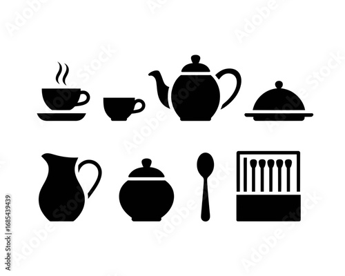 Collection of simple black silhouette icons for tea and coffee service and tableware vector
