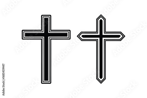 Two black and white crosses with double lined borders on a white background silhouette
