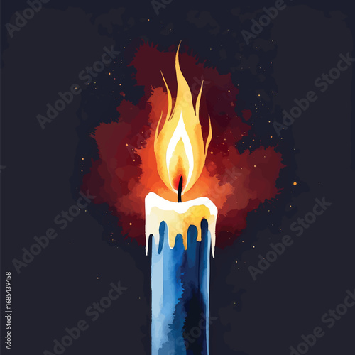 Watercolor glowing candle in darkness, minimalist symbol of willpower and hope