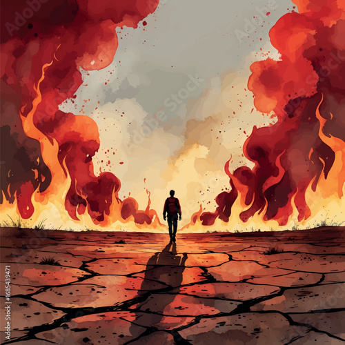 Watercolor cracked earth and fiery horizon with lone survivor in apocalyptic scene