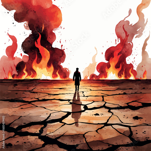 Watercolor cracked earth and fiery horizon with lone survivor in apocalyptic scene