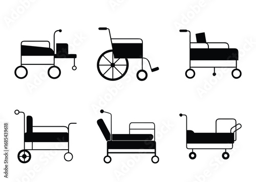 Diverse set of wheelchairs and gurneys icons showcasing mobility and patient care