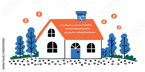 An illustration captures the essence of home ownership, depicting a charming house with a vibrant red roof, a welcoming blue door, and surrounding elements. 