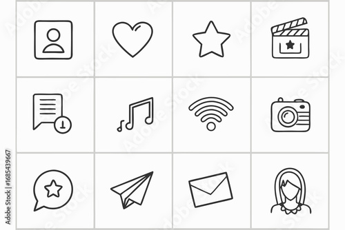 Social Media and Communication Icons in Grid on White Background profile person