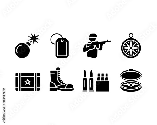 Set of 10 black military and tactical vector icons for commercial use vector
