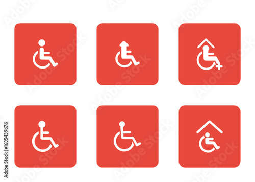 Accessibility icons on red squares, showing wheelchair access and facility options
