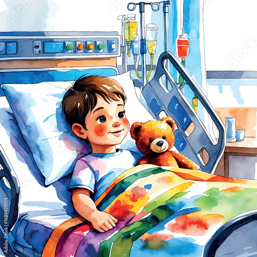 Watercolor child patient in hospital bed with teddy bear and blanket, comforting medical scene
