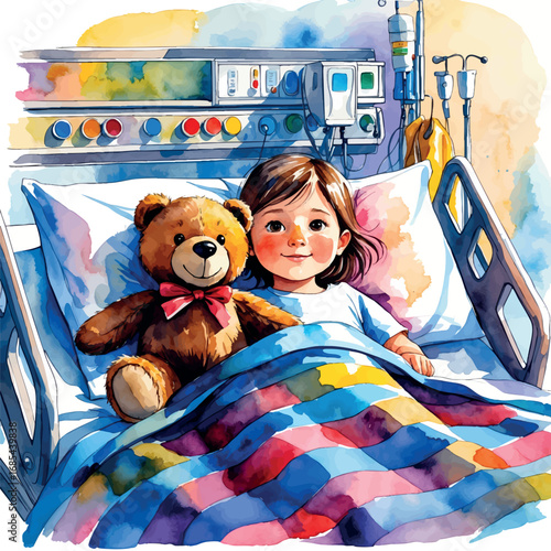 Watercolor child patient in hospital bed with teddy bear and blanket, comforting medical scene
