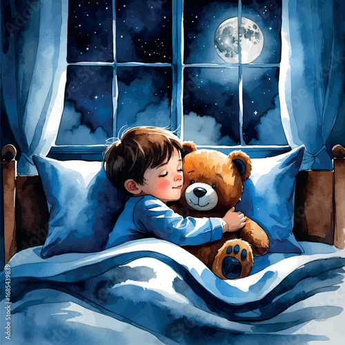 Watercolor child missing home, moonlight night, emotional and tender illustration