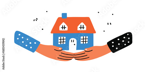 Illustration of two hands carefully cradling a charming house. It symbolizes protection, security, and care in a simple, artistic style.