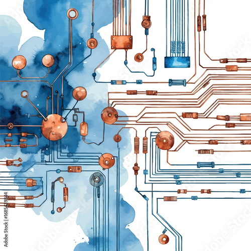 Watercolor electronic circuit diagram illustration. Artistic electrical schematic with flowing pathways isolated on white background.