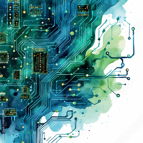 Watercolor circuit board illustration with flowing pathways. Technological electronic pattern with soft glowing effect isolated on white background.