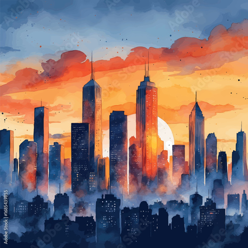 Watercolor cityscape with skyline at sunset, urban view with skyscrapers and warm sky