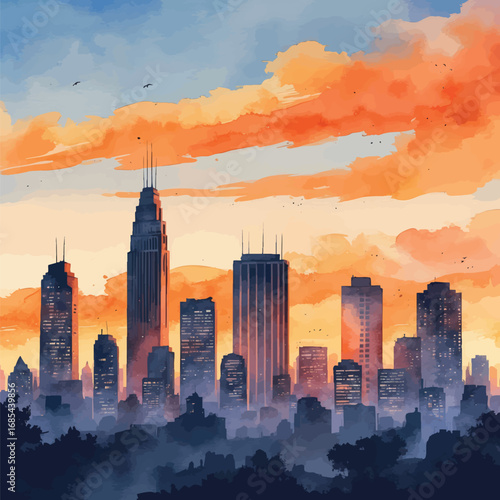 Watercolor cityscape with skyline at sunset, urban view with skyscrapers and warm sky