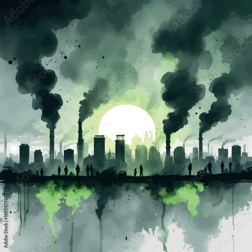 Watercolor smog-covered city with masked citizens under polluted sky