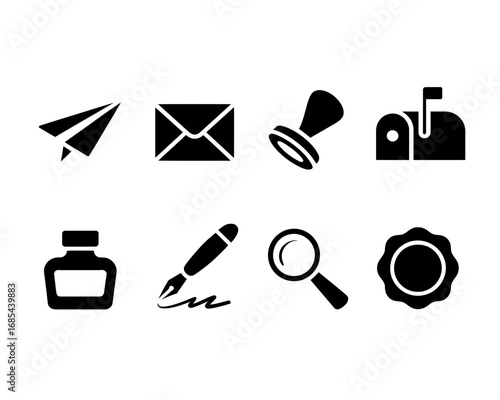 Set of eight black and white vector icons for mail and communication services scalable eps illustration vector