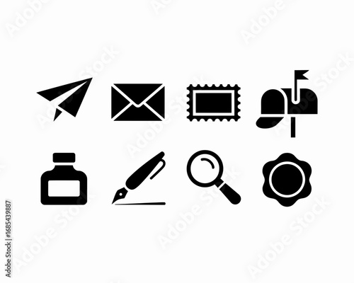 Set of eight black and white icons featuring mail paper airplane inkwell pen magnifying glass and mailbox vector