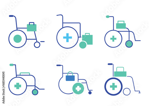 Illustrated Set of Wheelchairs and Medical Bags in Varied Blue and Green Colors