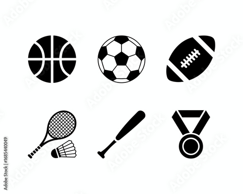 Set of six black and white sports icons for vector graphics and illustrations vector