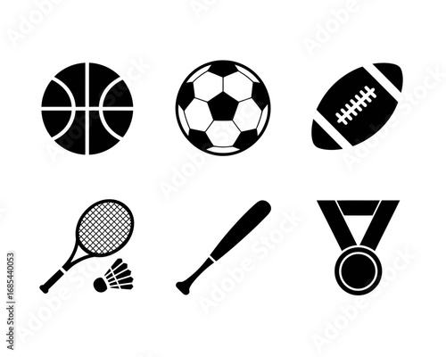 Set of six black and white sports icons vector illustration scalable eps badminton tennis baseball football basketball medal vector