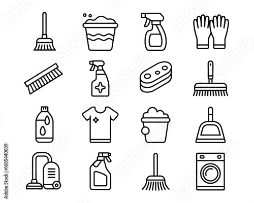 Minimalist line art icons set cleaning tools and equipment for home and business vector illustration vector
