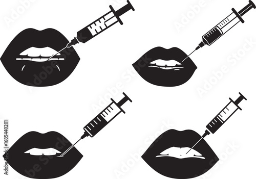 Four black silhouette lips receiving cosmetic filler injections