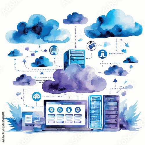 Watercolor cloud computing concept with data symbols and modern tech elements