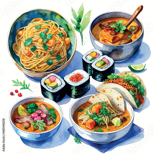 Global cuisine watercolor collection. International dishes including pasta, sushi, curry, tacos and stew illustrated with vibrant colors and detailed brushwork.