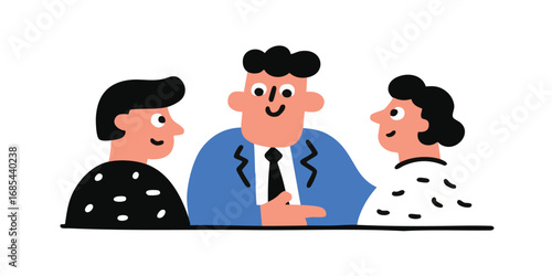 A vibrant illustration portrays a collaborative business meeting, showcasing a confident leader guiding the conversation with two engaged colleagues, with a focus on communication, teamwork.