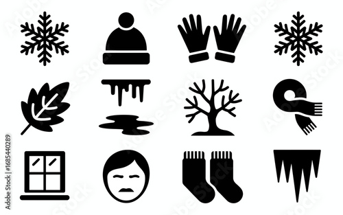 Vector icons pack of 12 winter snowflakes icicles tree scarf hat gloves and leaf illustrations vector