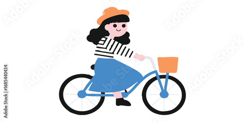 A stylish girl joyfully pedals a bicycle, enjoying the simple pleasure of a leisurely ride in this charming cartoon illustration.
