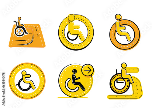 Creative and Modern Accessibility Icons for Wheelchair Users in Yellow and Black