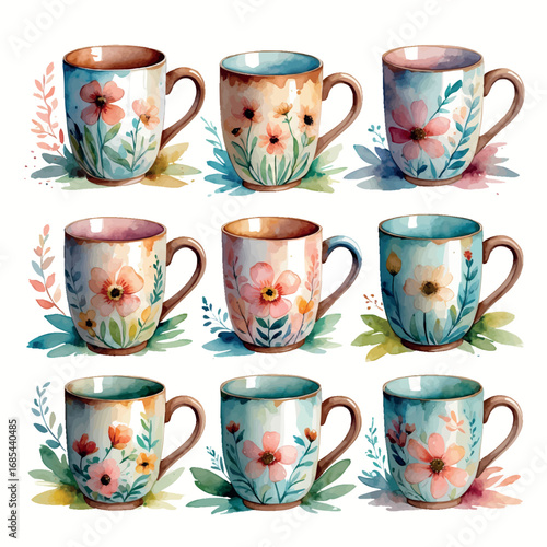 Watercolor ceramic mugs with floral design, rustic handmade craft product isolated on white