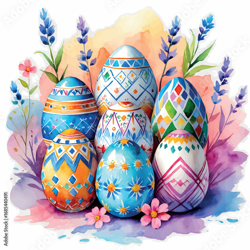 Watercolor decorated Ukrainian Easter eggs with traditional patterns, isolated
