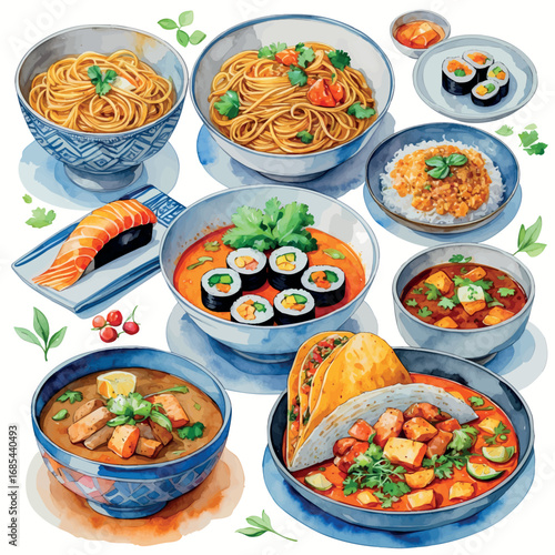 Global cuisine watercolor collection. International dishes including pasta, sushi, curry, tacos and stew illustrated with vibrant colors and detailed brushwork.