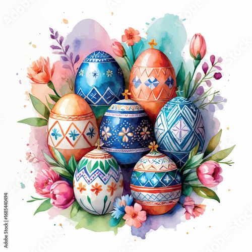 Watercolor decorated Ukrainian Easter eggs with traditional patterns, isolated